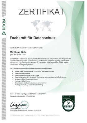 Zertifikat Fachkraft Datenschutz Matthias Betz